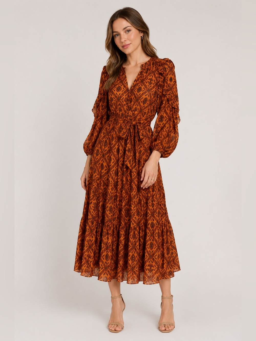 Ulla Johnson Aliya 100% Silk Midi Dress Puff Sleeve Ochre Fall Bohemian Size 4